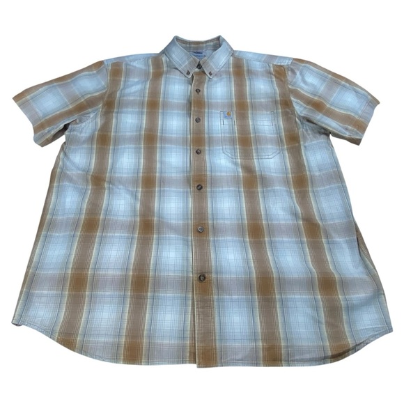 Carhartt Men's Plaid Brown and White Short Sleeve Shirt, 2XL / XXL - Picture 1 of 8